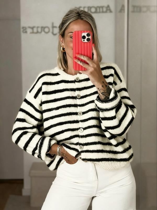 Cozy women's striped knit cardigan. Comfortable long sleeve button-front sweater, ideal for fall & winter layering.