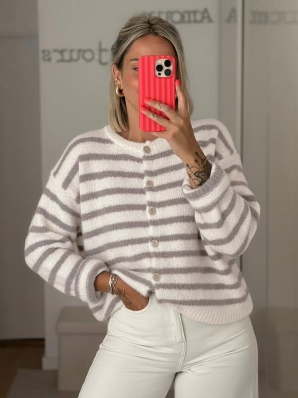 Stylish women's multi-striped knit cardigan. Button-front, long sleeve sweater for elegant fall & winter layering.