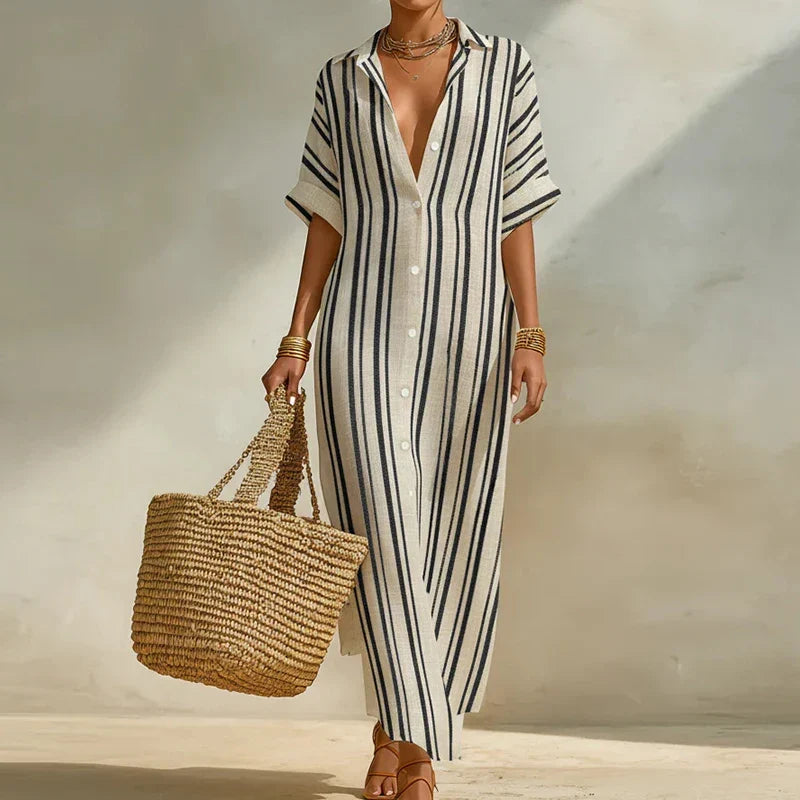 Women's striped long shirt dress with V-neck and three-quarter sleeves, perfect for casual summer style.