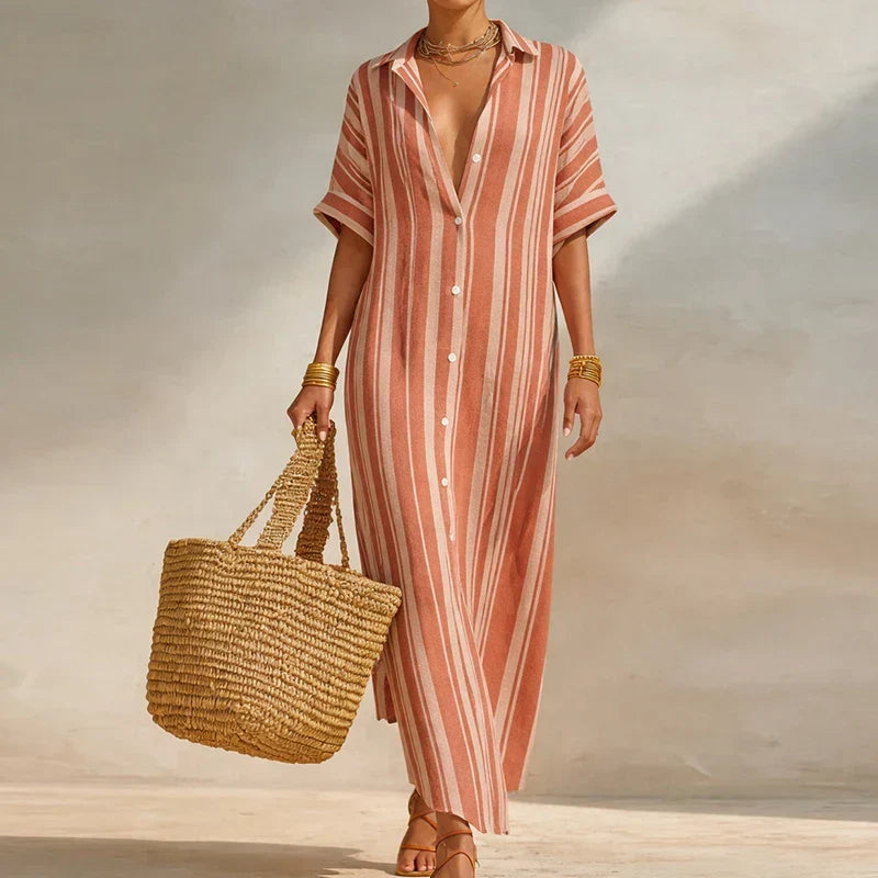 Casual women's striped long shirt dress. Versatile V-neck, three-quarter sleeves for easy, comfortable summer fashion.