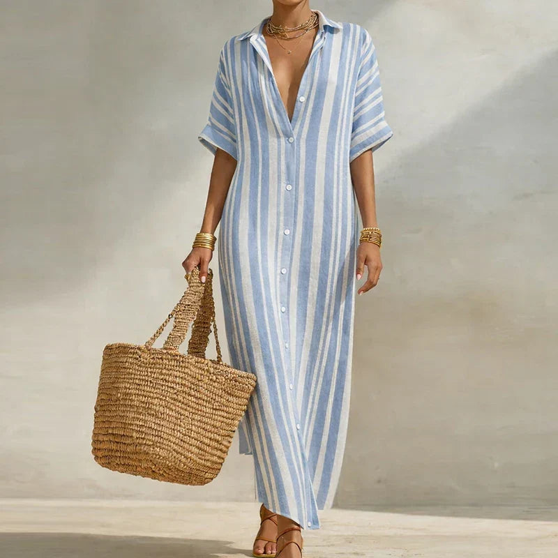 Stylish women's V-neck striped long shirt dress featuring three-quarter sleeves & comfortable, flowing fabric.