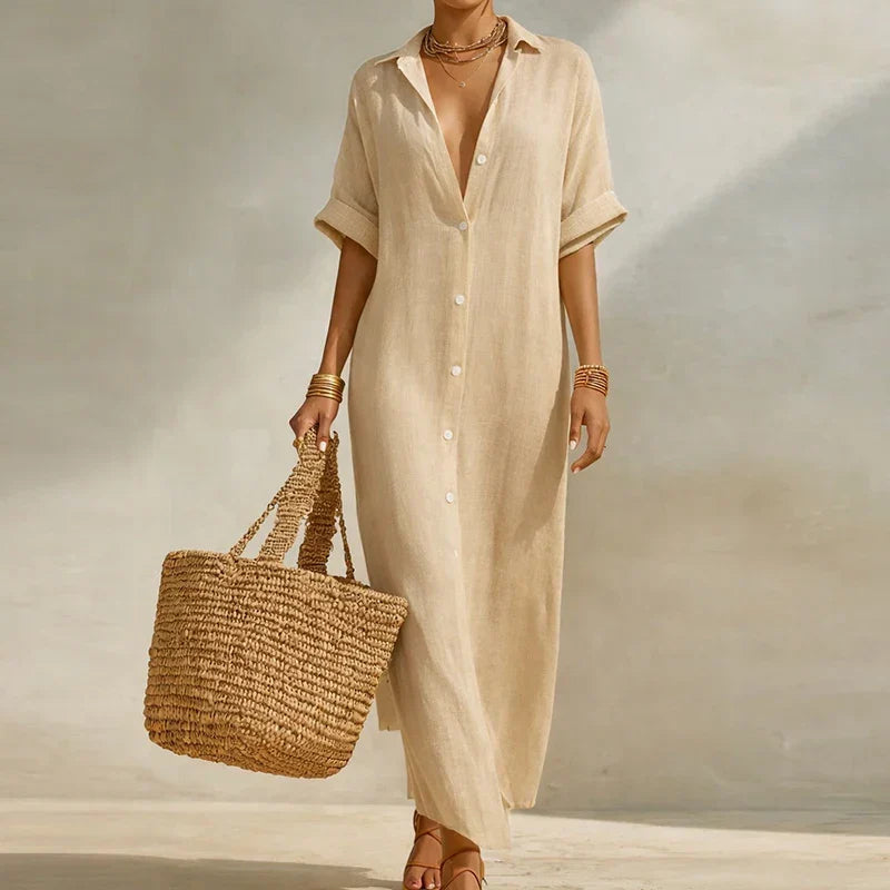 Women's long striped shirt dress. Comfortable casual summer V-neck dress with three-quarter sleeves.