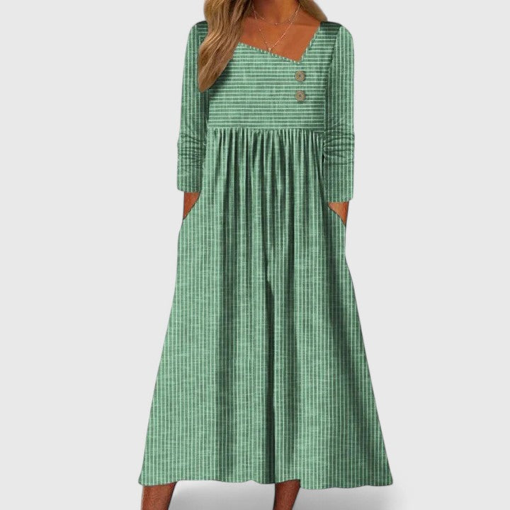 Elegant A-line women's midi dress featuring classic stripes and functional button details, versatile for all seasons.