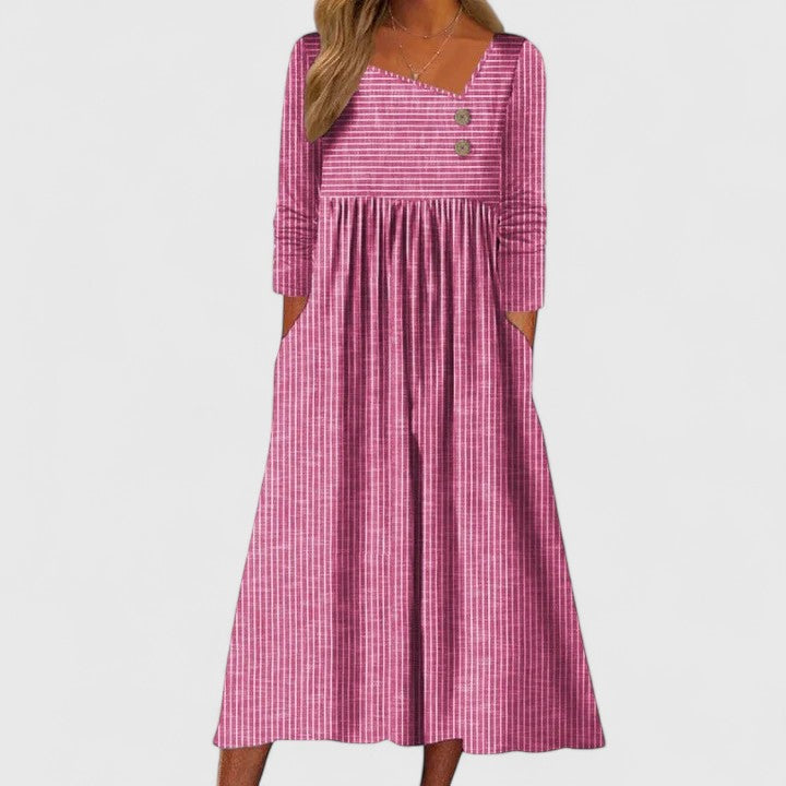 Stylish women's casual striped midi dress with long sleeves & decorative buttons, ideal for spring & fall fashion.