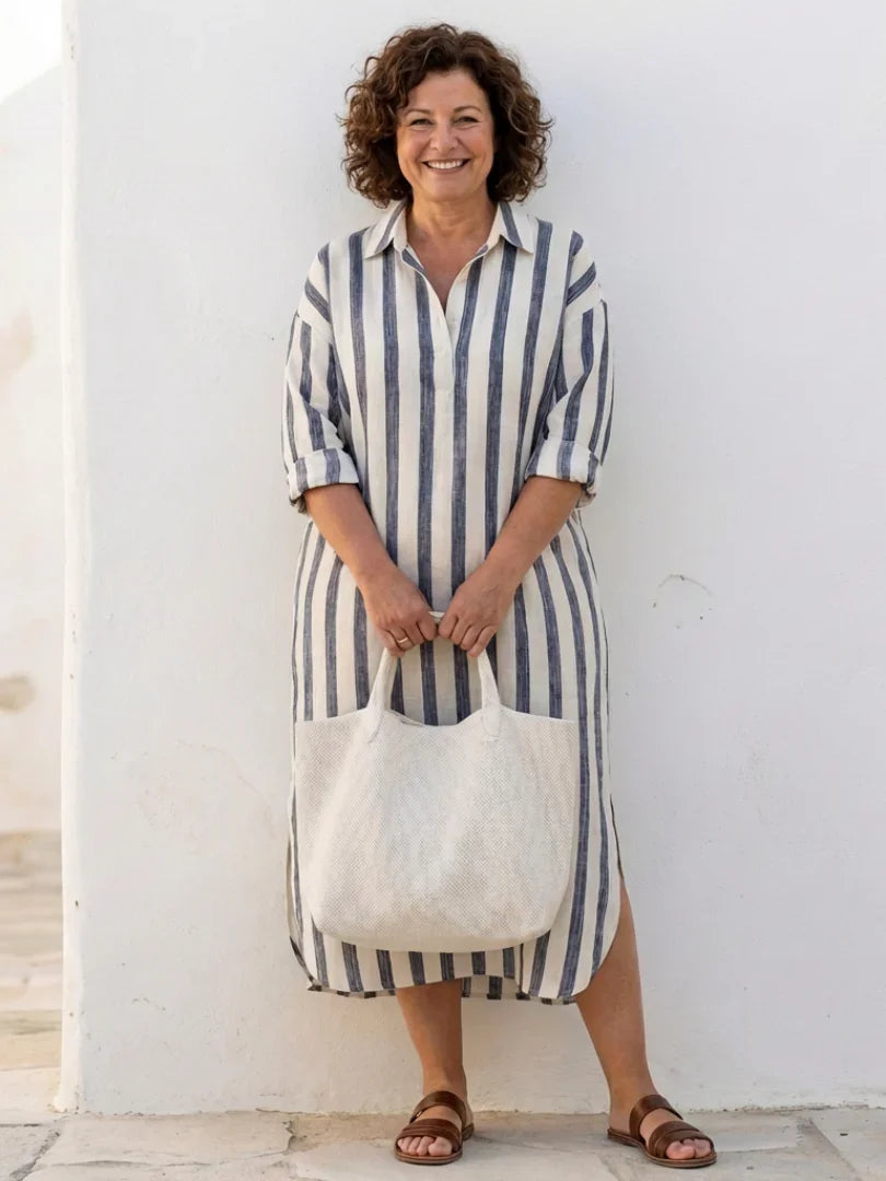 Stylish long sleeve striped midi shirt dress for women. Great for office casual or everyday comfort.