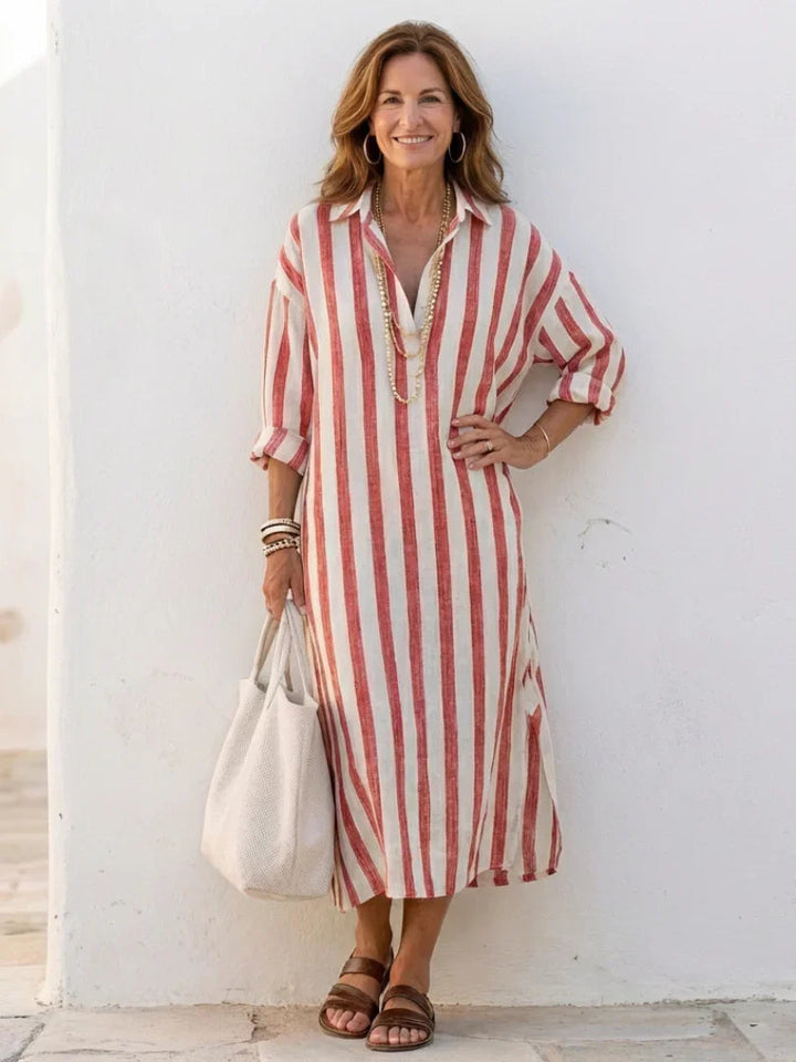 Classic striped midi dress for women, featuring a shirt style and long sleeves. Versatile and chic.
