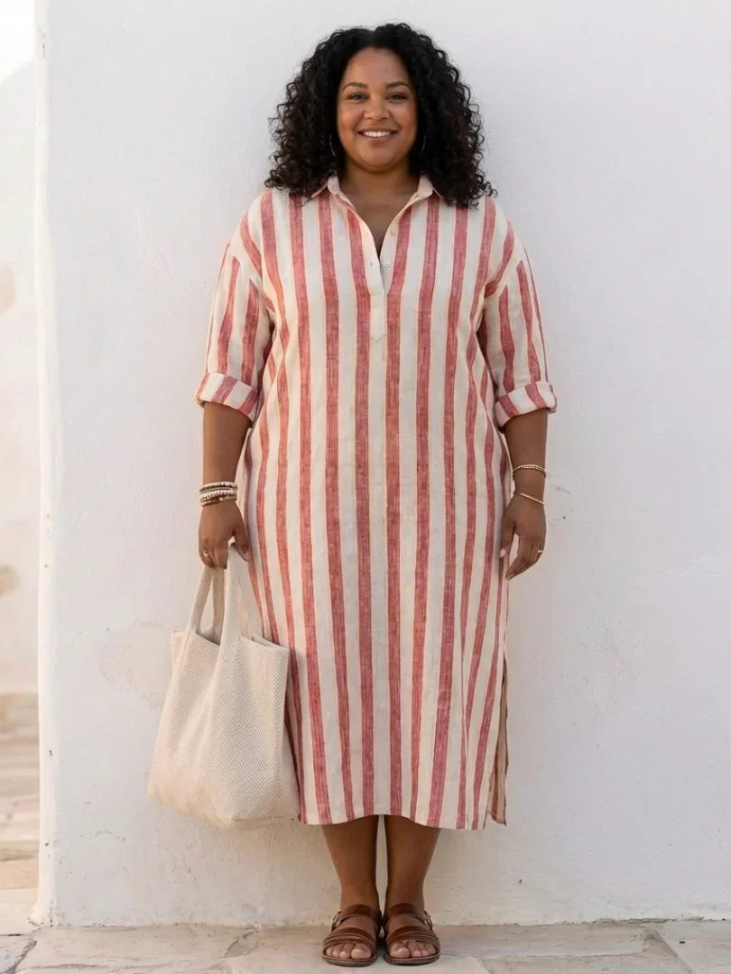 Casual women's striped midi shirt dress with long sleeves, offering a relaxed fit for all-day comfort.