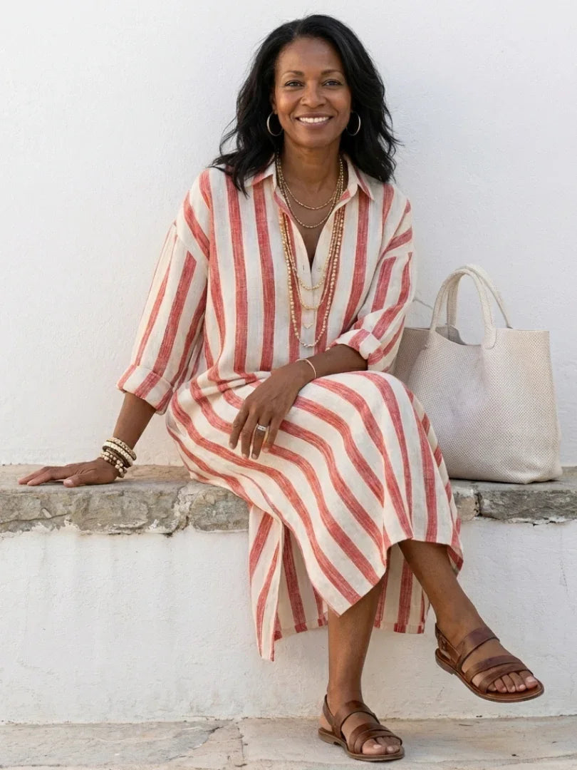 Elegant long sleeve midi shirt dress for women with a flattering striped pattern & button front.