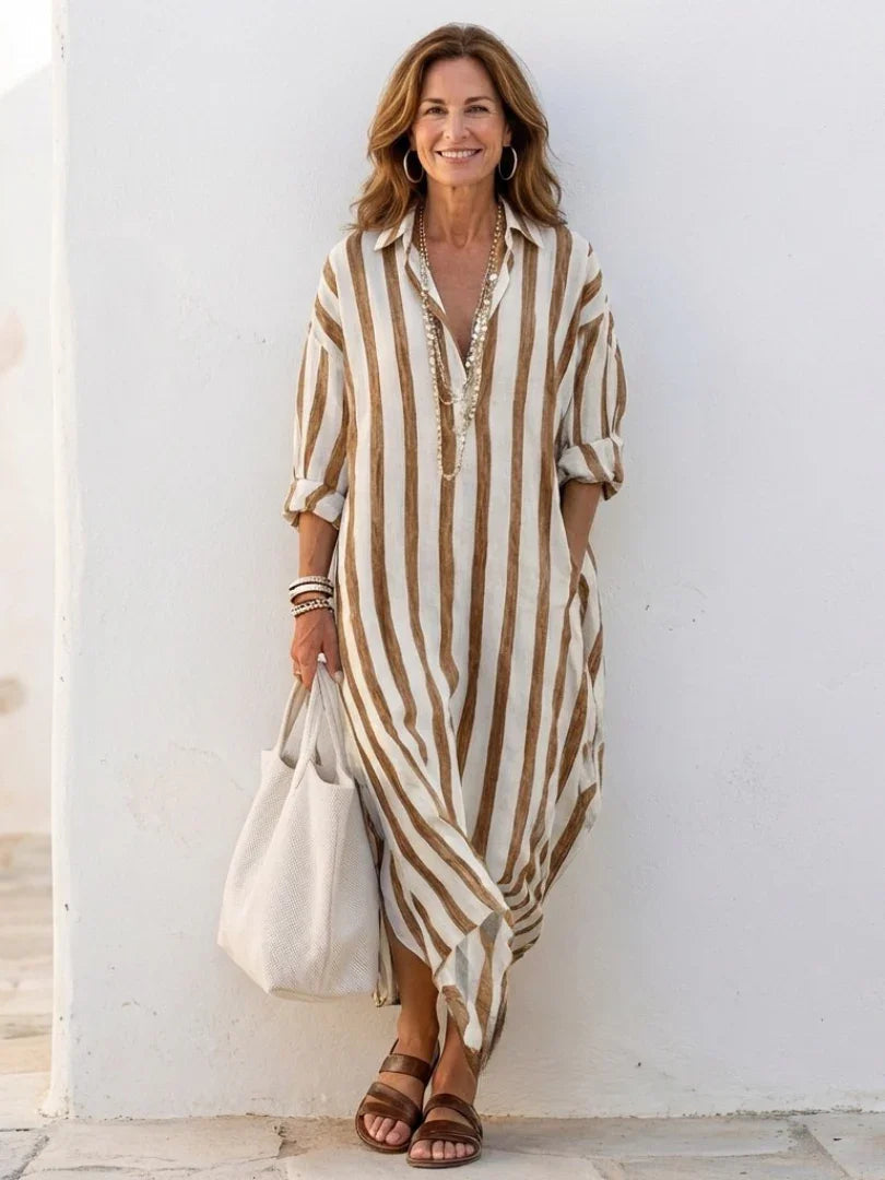 Striped long sleeve midi shirt dress for women, a versatile piece for office, travel, or casual outings.