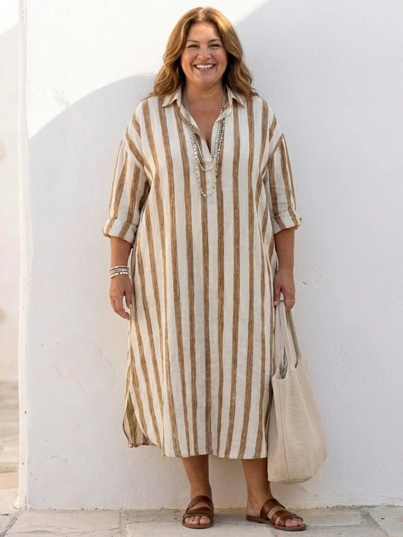 Everyday women's striped midi dress in shirt style with long sleeves, perfect for a relaxed yet chic look.
