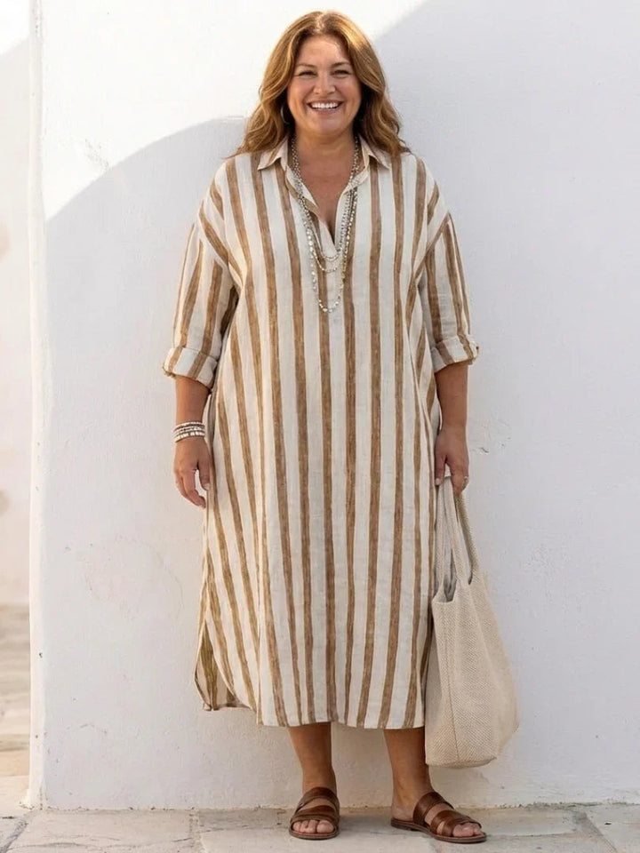 Everyday women's striped midi dress in shirt style with long sleeves, perfect for a relaxed yet chic look.