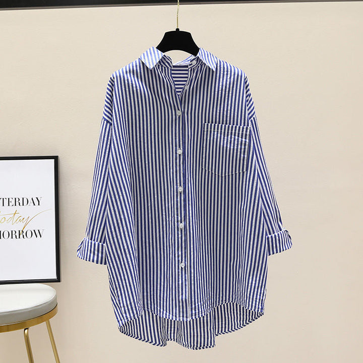 Women's striped oversized button-down shirt with dropped shoulders, perfect for casual chic or preppy everyday wear.