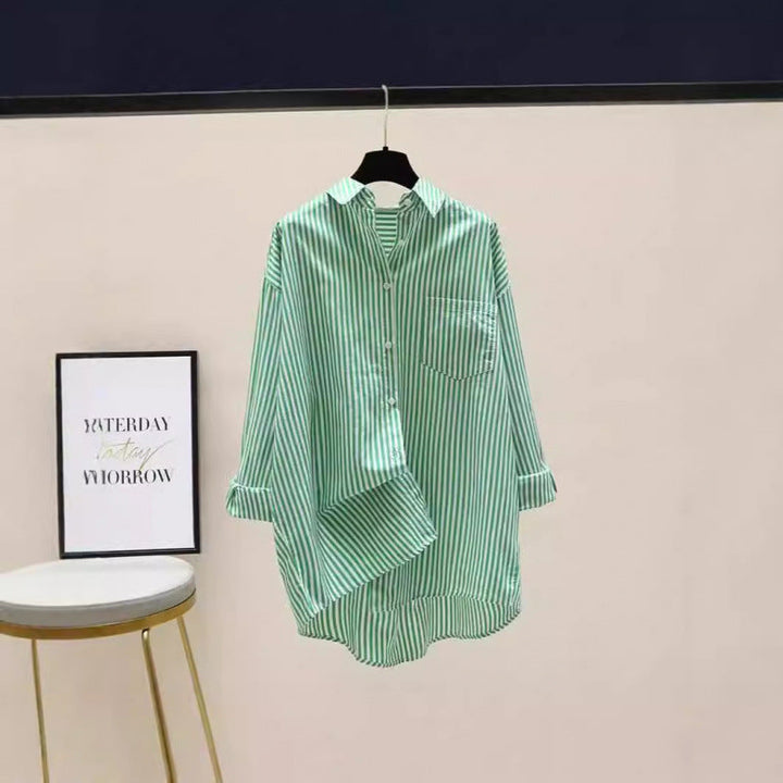 Preppy women's striped oversized shirt with dropped shoulders & chest pocket. A stylish button-down for everyday fashion.