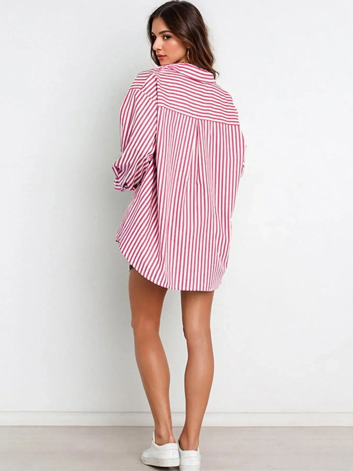 Versatile women's striped oversized two-piece set. Cotton poplin lounge wear for summer fashion & resort.