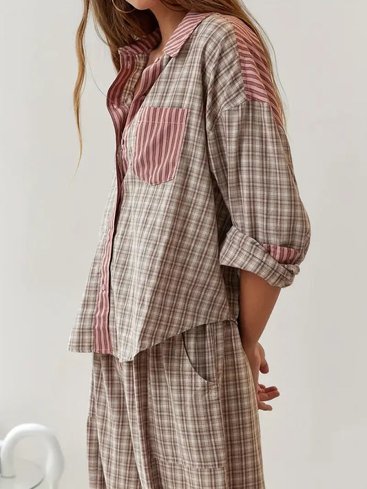 Women's striped & plaid patchwork lounge set for ultimate comfort. Perfect relaxed fit homewear.