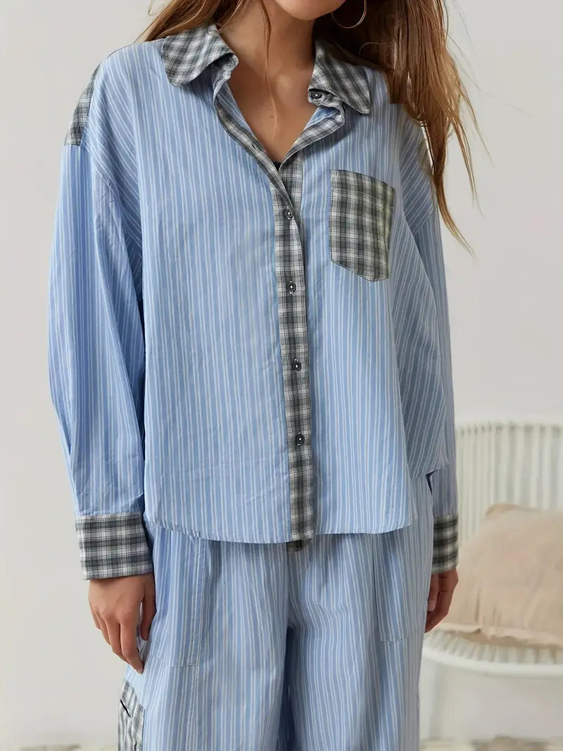 Serene women's striped plaid two-piece lounge set. Perfect for comfortable sleep & relaxing style.