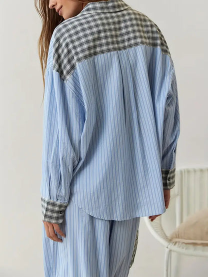 Stylish women's casualwear: a striped and plaid patchwork lounge set for ultimate comfort.