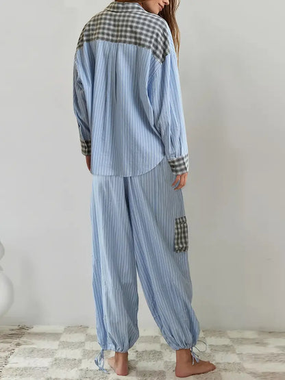 Women's homewear striped plaid lounge set. Comfortable two-piece for relaxing & casual days.