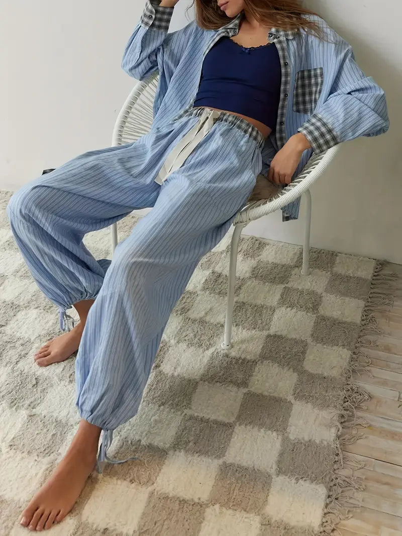 Versatile women's striped plaid lounge set. Comfortable apparel for sleep, homewear, or casual days.