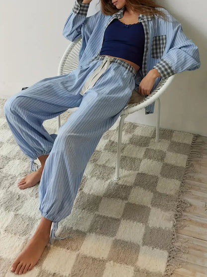 Versatile women's striped plaid lounge set. Comfortable apparel for sleep, homewear, or casual days.
