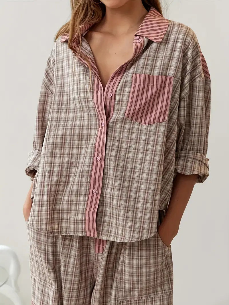 Serene women's lounge set with stripes & plaid. Comfortable two-piece sleepwear, ideal for spring/summer.