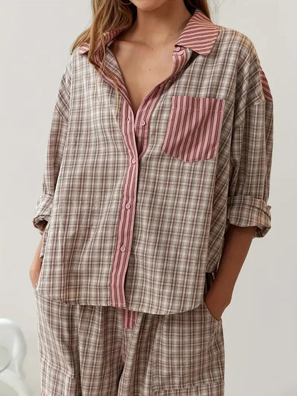 Serene women's lounge set with stripes & plaid. Comfortable two-piece sleepwear, ideal for spring/summer.