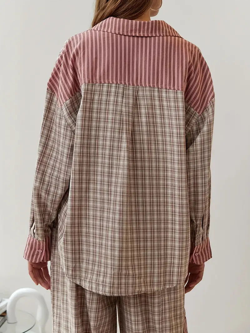 Relaxed fit women's plaid & striped sleepwear set. Stylish two-piece for casual homewear comfort.