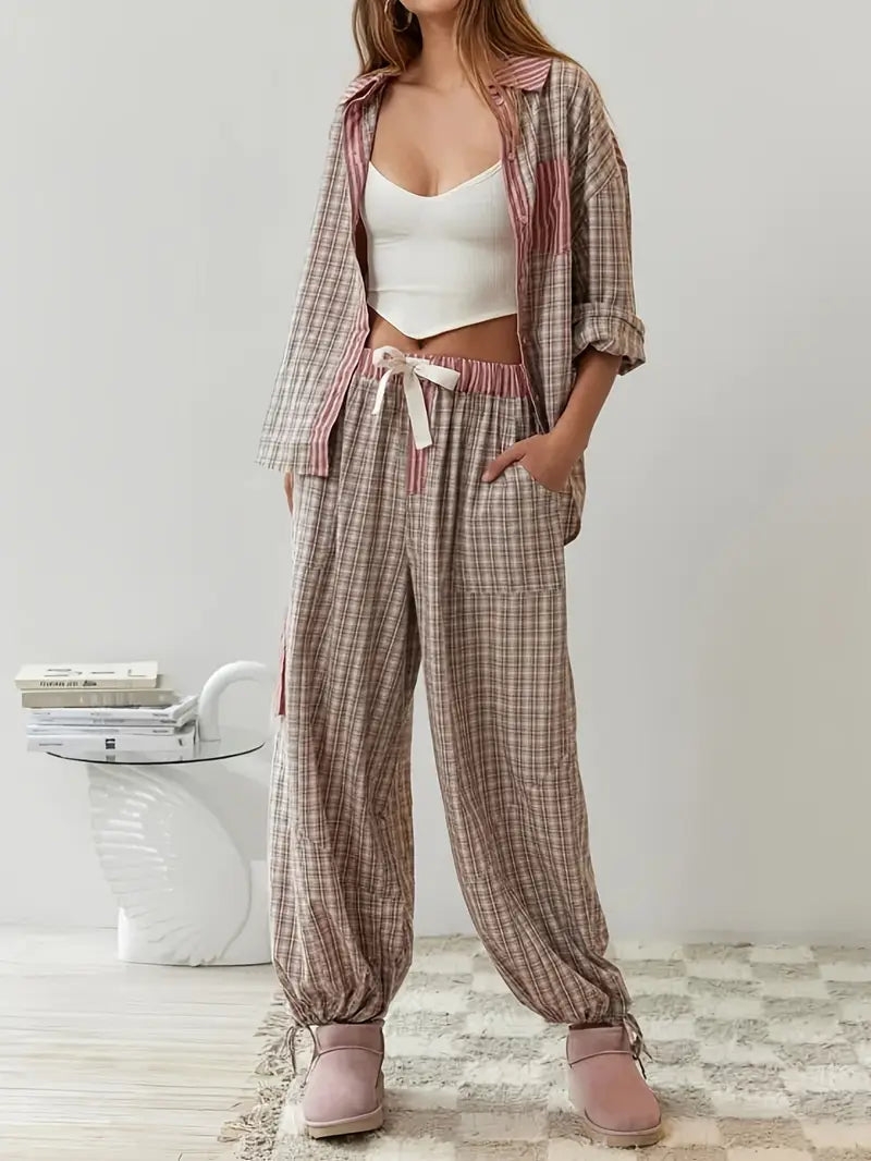 Comfy women's striped plaid lounge set, ideal casualwear or pajamas for spring & summer relaxation.