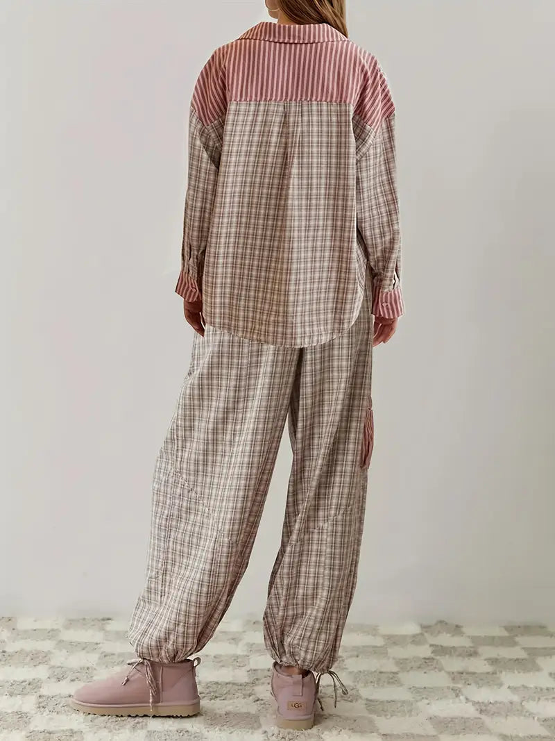 Women's two-piece striped and plaid patchwork lounge set. Soft comfort for relaxing at home.