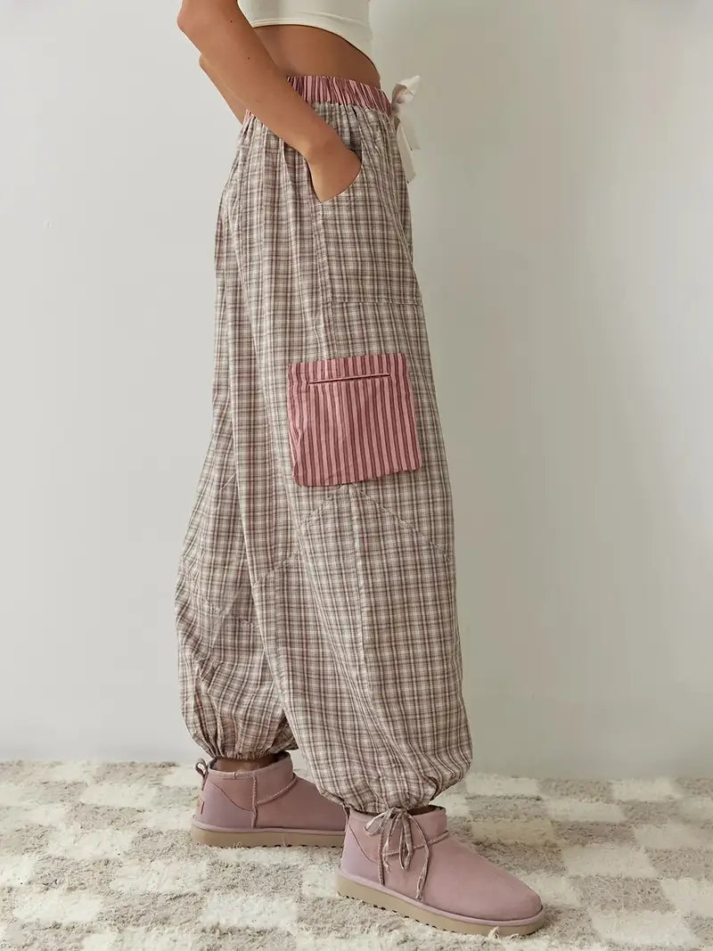 Patchwork striped & plaid women's lounge set, offering a relaxed fit for sleep or casual homewear.