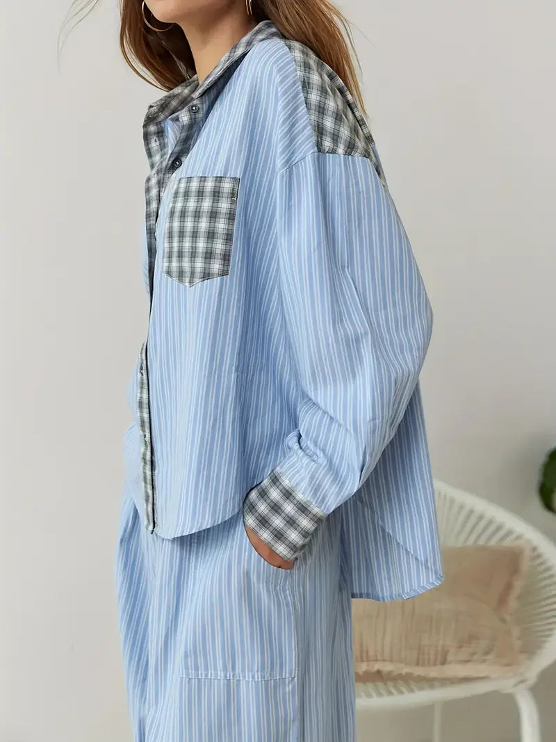 Women's striped plaid patchwork lounge set. Comfortable sleepwear & casual homewear apparel.