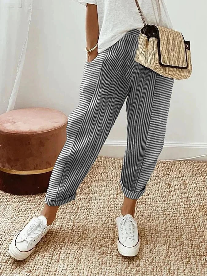 Women's striped relaxed fit trousers for comfortable everyday style. Soft, lightweight fashion pants for versatile wear.