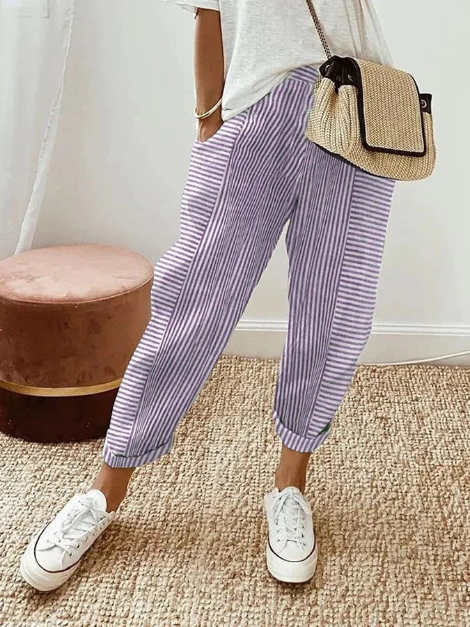 Effortlessly comfortable women's striped relaxed trousers for versatile casual & smart casual fashion. Modern pants.