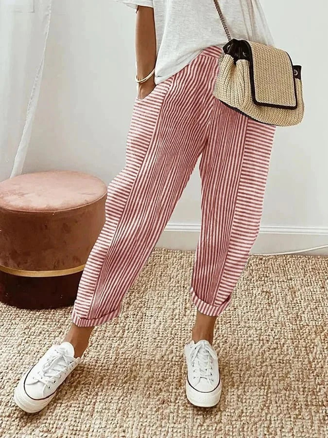 Women's striped relaxed fit trousers, blending ultimate comfort with a stylish, modern casual look. Everyday pants.