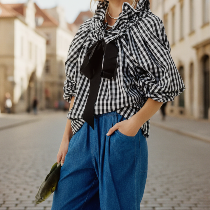 Versatile women's striped top with ruffles and a sophisticated bow tie, great for office or evening.
