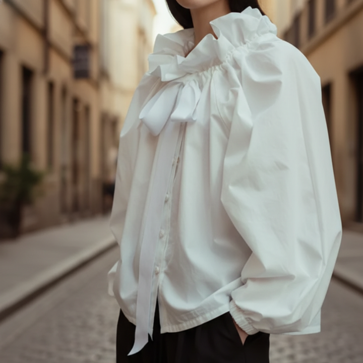 Classic striped women's top with refined ruffles & a neat bow tie, offering a sophisticated look.