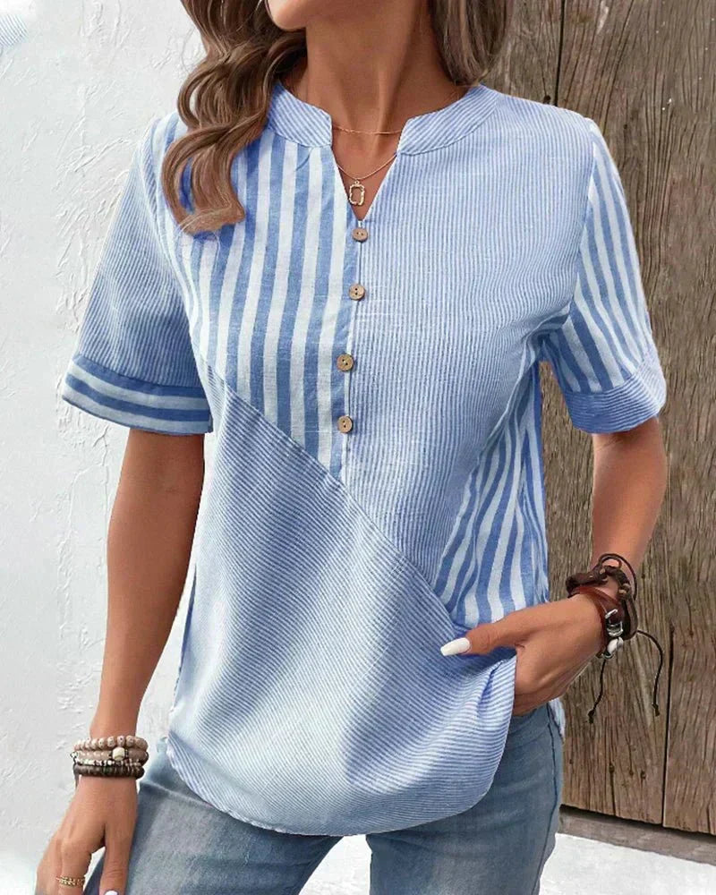 Versatile women's striped short sleeve top. Great for casual comfort, spring outfits, or a stylish everyday look.