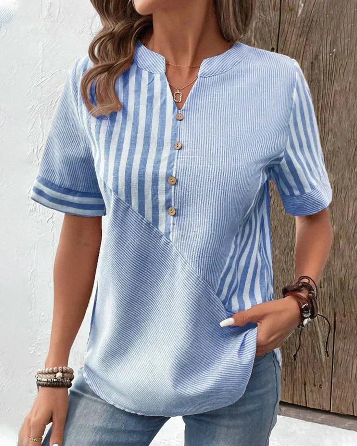 Versatile women's striped short sleeve top. Great for casual comfort, spring outfits, or a stylish everyday look.