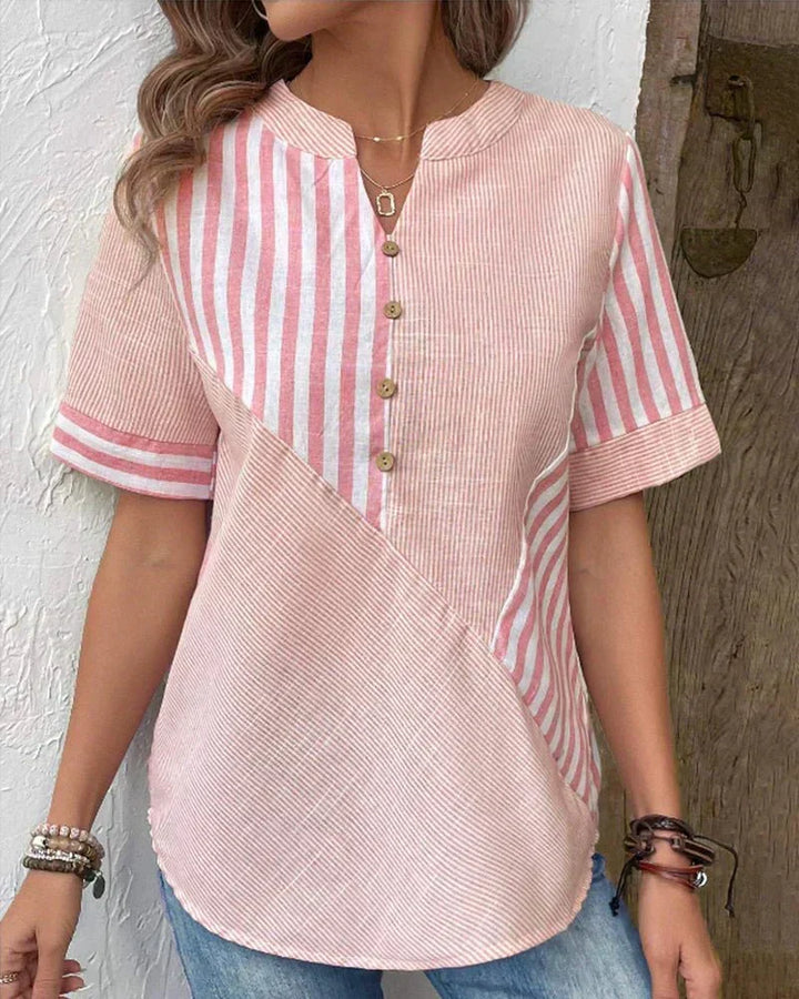 Modern women's striped short sleeve blouse. A versatile fashion top for everyday chic & work-to-casual wear.
