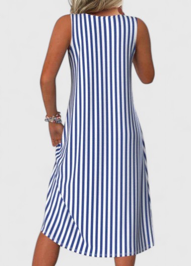 Comfortable women's round neck striped midi dress. Sleeveless design, great for beach wear or a relaxed day dress.