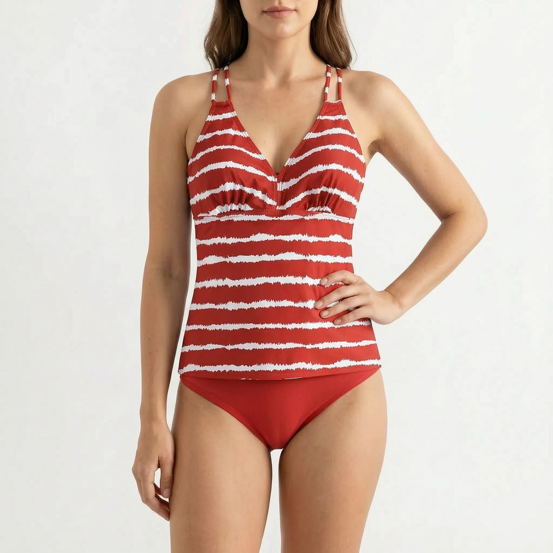 Back view of women's striped tankini swimwear set. Adjustable two-piece swimsuit for beach days and summer vacation.