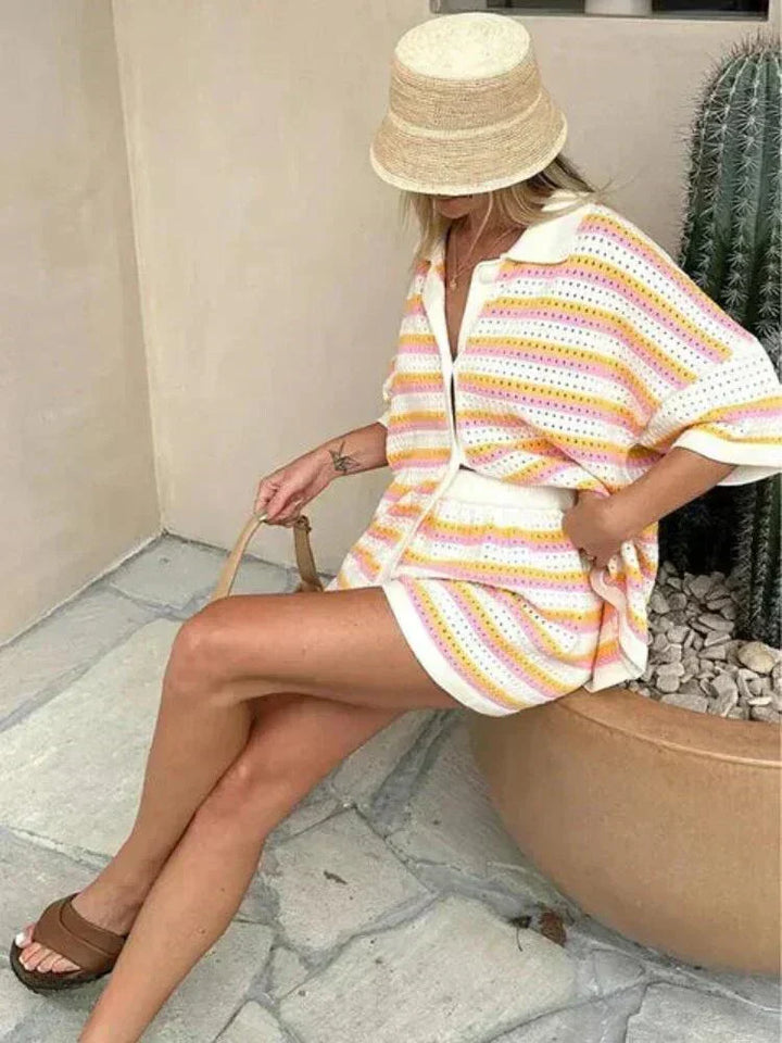 Women's striped button-up top & elastic waist shorts two-piece set. Comfortable summer clothing.