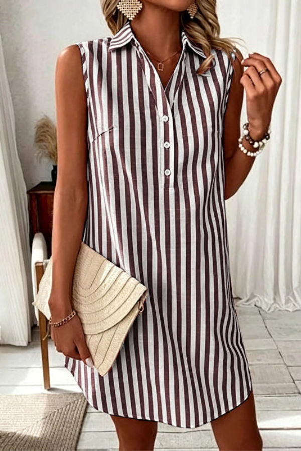 Elegant women's striped V-neck shirt dress, ideal for summer vacation outfits & versatile style.