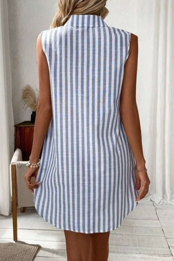 Striped V-neck shirt dress for women, sleeveless and button-front, perfect for casual summer wear.