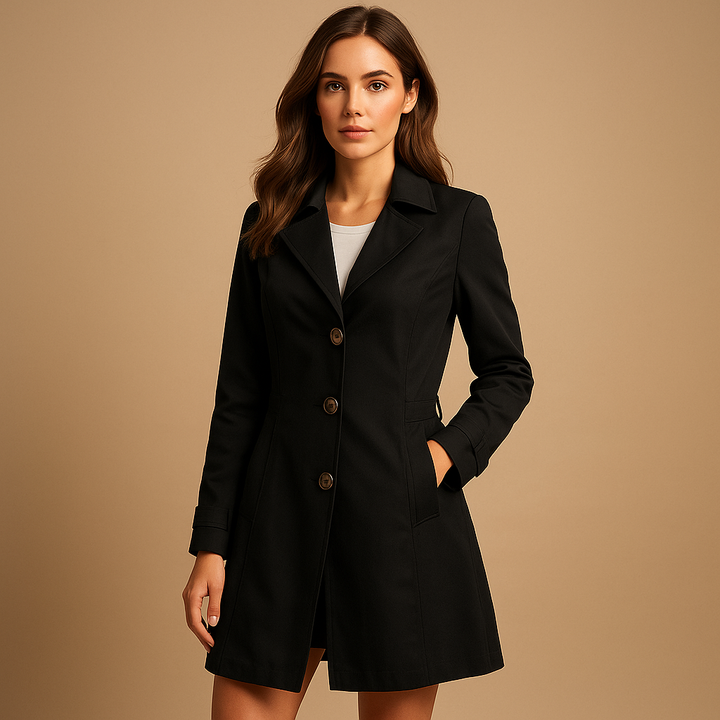 Women's structured trench coat with button closure, perfect for work or stylish daily wear. Versatile outerwear.