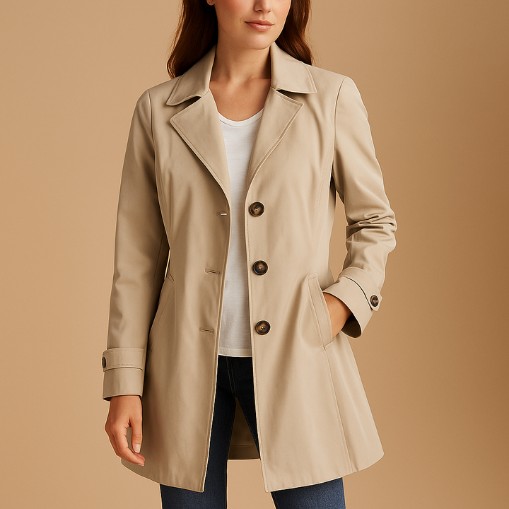 Elegant black structured trench coat for women, featuring button closure. Ideal for fall office wear & daily style.