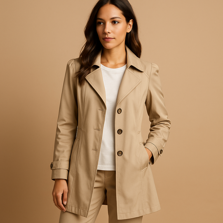 Stylish khaki women's structured trench coat with button closure, a versatile jacket for spring, fall, and work.