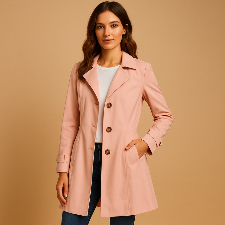 Professional women's structured trench coat with button closure, great for office fashion & daily elegant style.