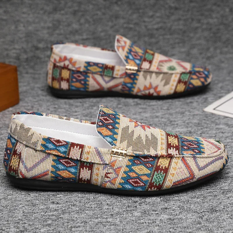 Comfortable women's black Aztec design loafers, perfect lightweight slip-on footwear for everyday.