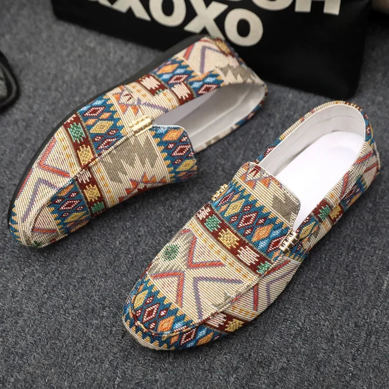 Stylish beige Aztec loafers for women, featuring a comfortable, lightweight slip-on design.